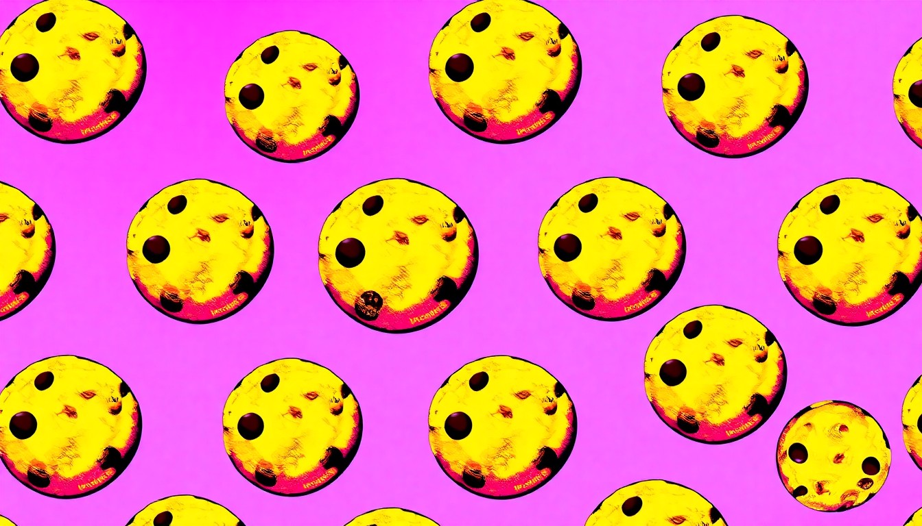 A highly stylized, pop art-inspired illustration featuring a grid of brightly colored, silkscreen-printed chocolate chip cookies, capturing the playful and indulgent spirit of the new Insomnia Cookies location in Pensacola.