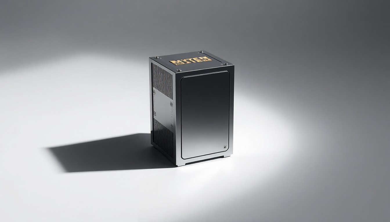A close-up photograph of a polished, geometric metal cube representing a cryptocurrency mining rig, placed on a clean, monochromatic background and dramatically lit to convey the abstract concepts of corporate strategy and energy markets.