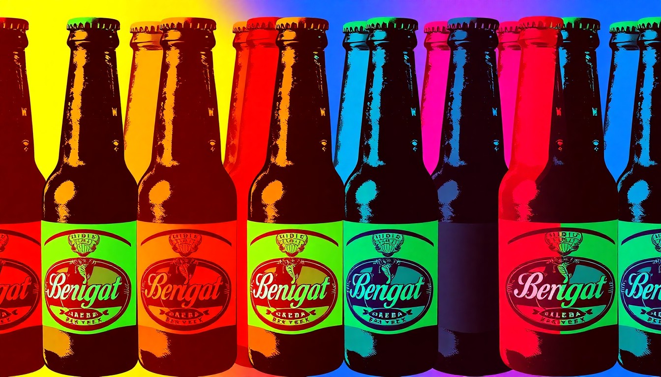 A brightly colored, high-contrast silkscreen print of a six-pack of beer bottles repeated in a tight grid pattern, conceptually representing the availability of beer but not other alcoholic beverages in Tennessee on Easter Sunday.