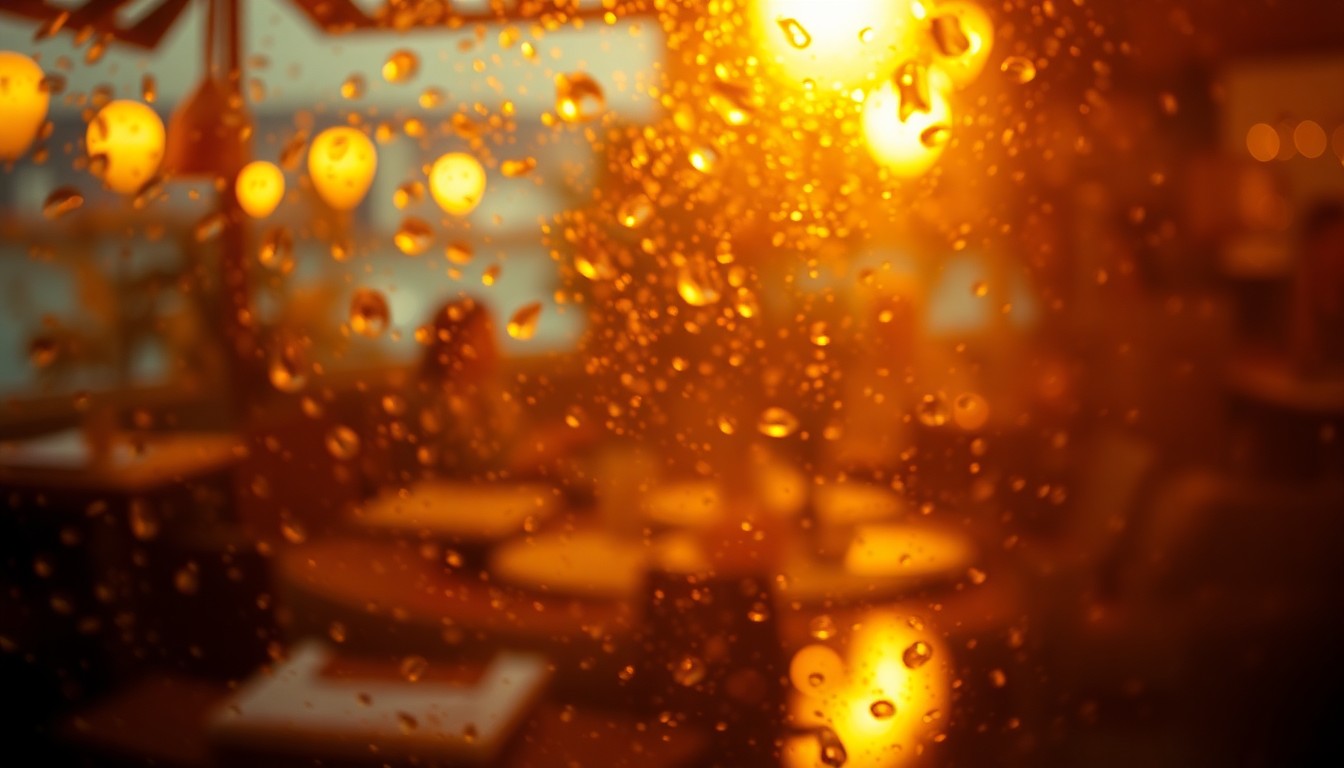 An abstract, out-of-focus photograph featuring a blurred, golden-hued scene of seafood dishes and restaurant tableware, conveying the warm, celebratory atmosphere of Lenten dining.