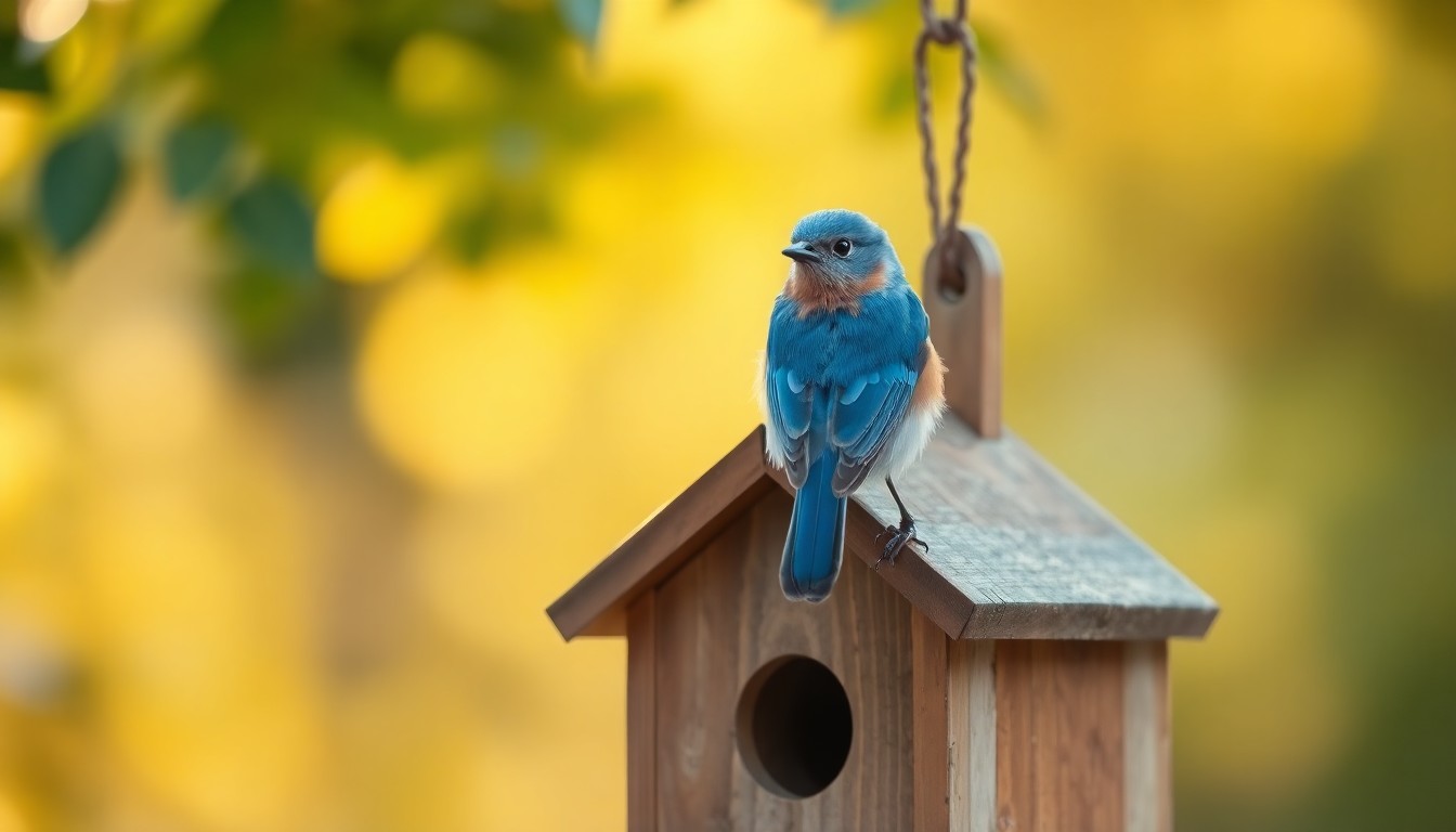 An extremely abstracted, out-of-focus photograph of a bluebird perched on a wooden birdhouse, surrounded by a hazy, dreamlike background of soft, warm colors and gentle light, conceptually representing the peaceful coexistence of nature and community-driven conservation.