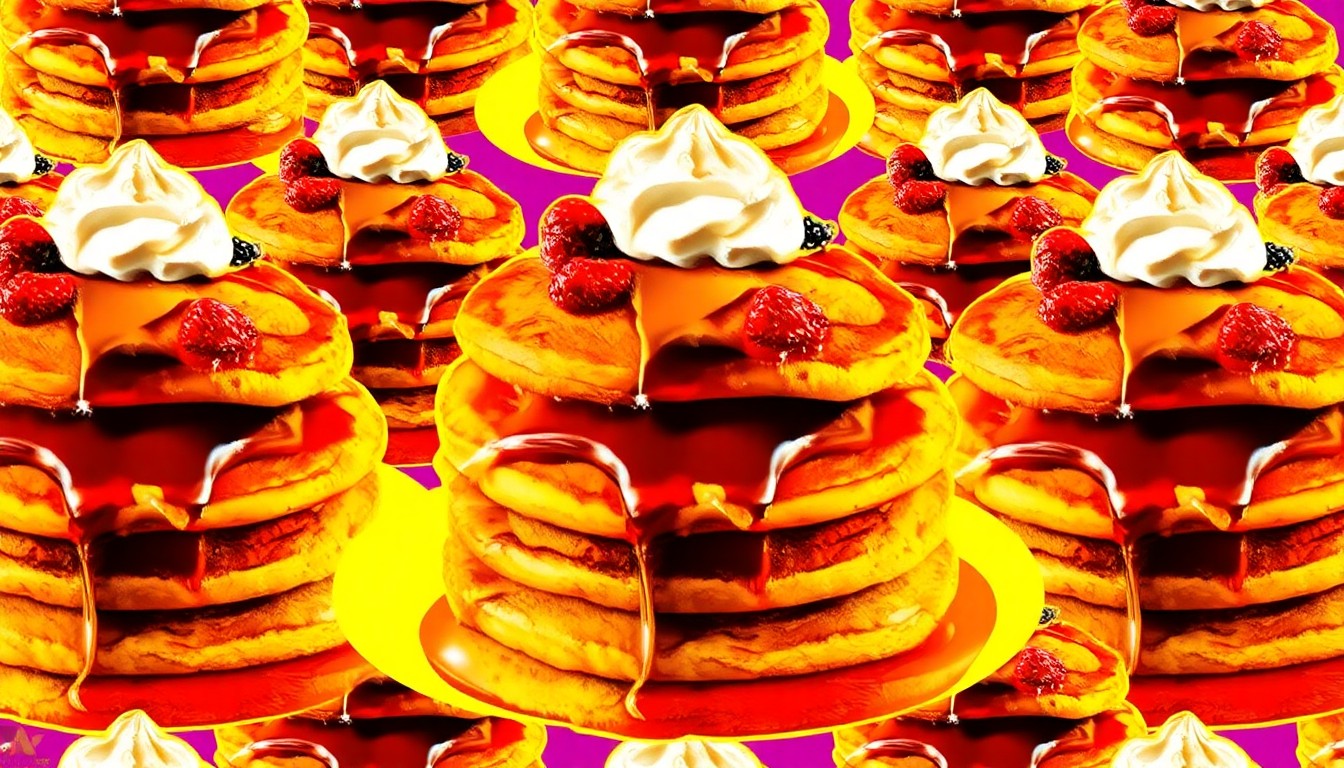 A visually striking, pop art-inspired illustration featuring a repeating pattern of fluffy pancakes topped with fresh fruit, maple syrup, and whipped cream, rendered in a bold, neon color palette with heavy black outlines.