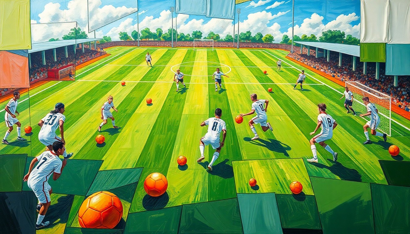 A fragmented, geometric painting depicting the dynamic action and movement of a high school soccer match, with overlapping planes of green, white, and orange representing the players, field, and ball.