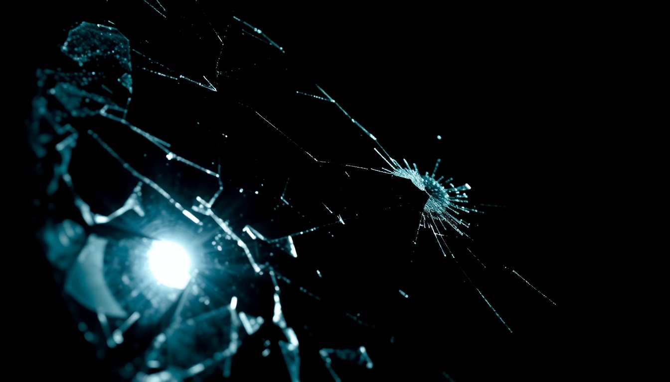 An extreme close-up photograph of a shattered car window, the glass reflecting a harsh, direct camera flash against a pitch-black background, conceptually illustrating the violence of a road-rage attack.