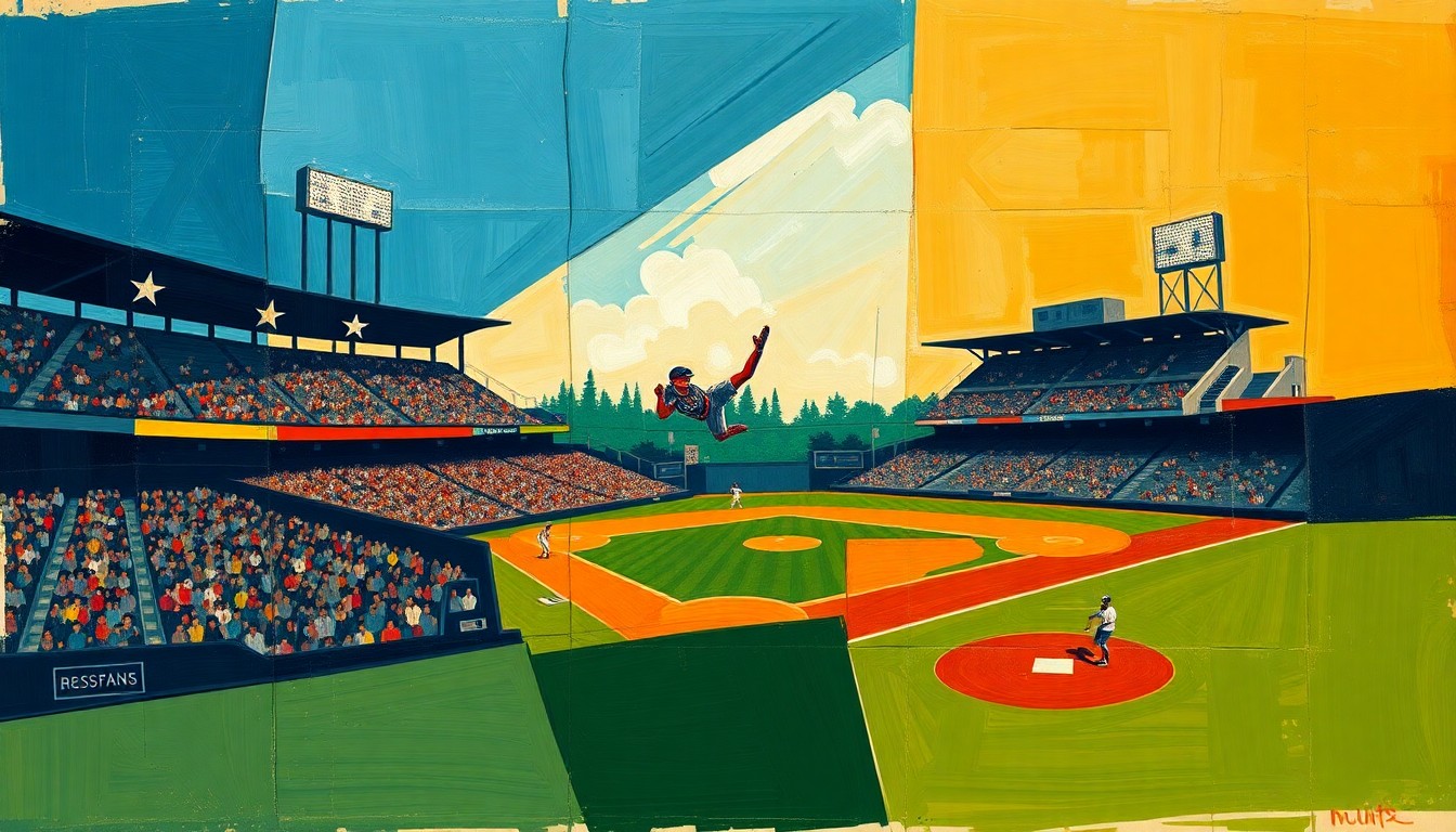 A cubist, multi-angled painting in shades of blue, green, and orange, breaking down a baseball game into sharp, overlapping geometric shapes and planes, conveying the competitive tension and energy of the Twins-Rays matchup.