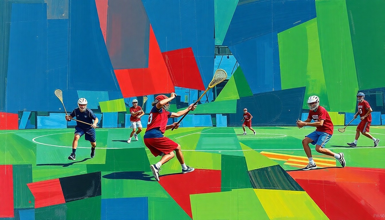 A cubist-style painting featuring overlapping geometric shapes and planes in shades of blue, green, and red, capturing the dynamic action and energy of a boys lacrosse game.
