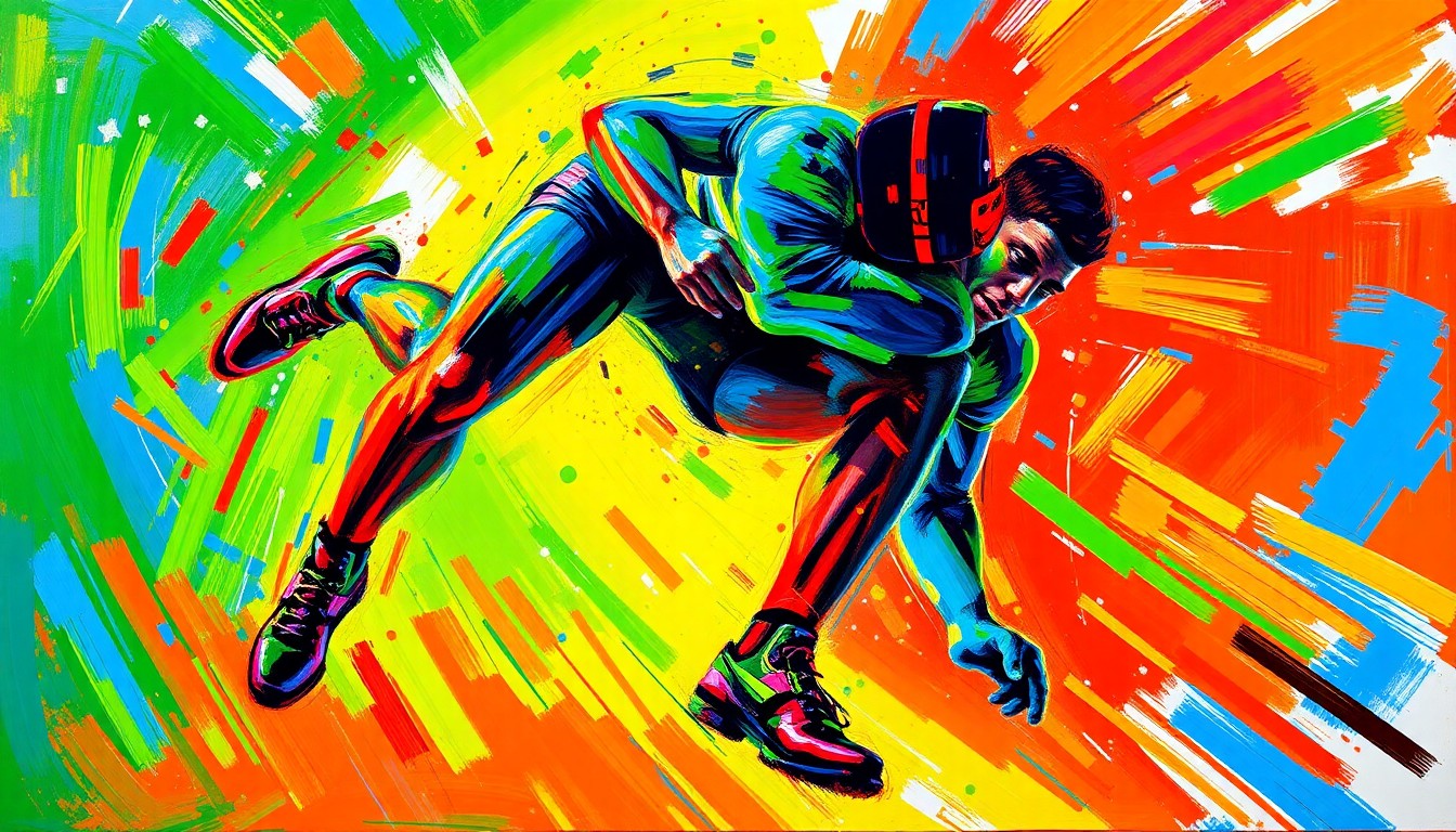 An abstract, expressionist painting in neon colors depicting the dynamic motion and energy of a high school wrestler, representing the lasting impact of coach Marv Sherrill.