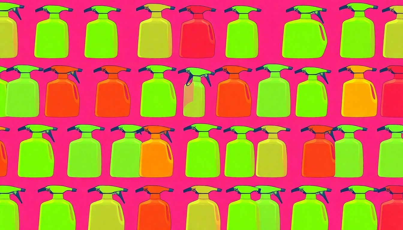 A highly stylized, repeating pattern of a pesticide sprayer bottle in neon green, pink, and blue hues with bold black outlines, conceptually representing the importance of proper pesticide application techniques.