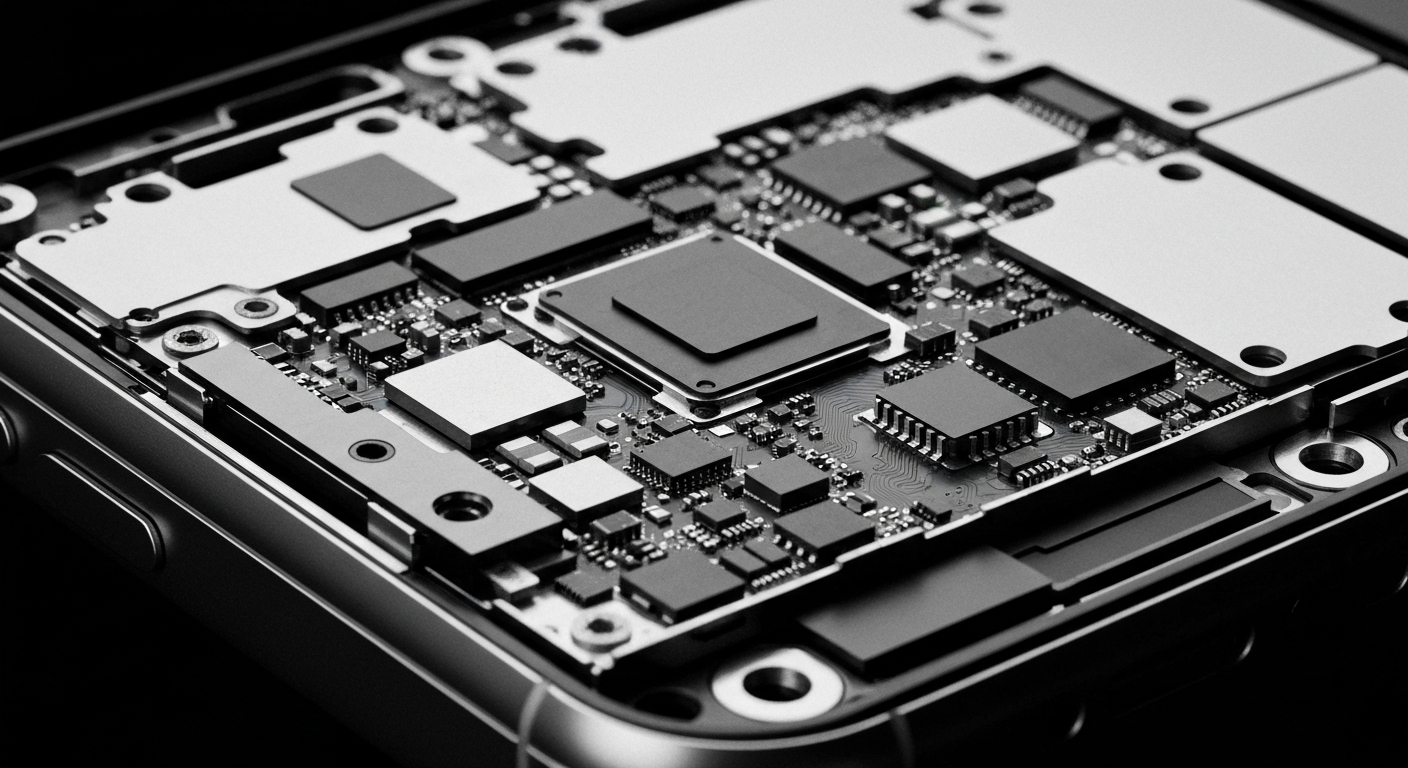 A close-up image of the complex internal circuitry and mechanics of an Apple iPhone, rendered in a high-contrast, industrial style that conveys the technological sophistication behind the popular consumer device.