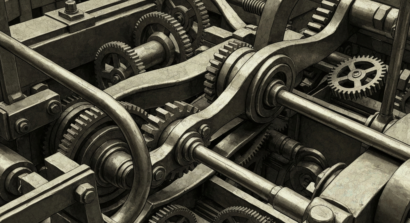 An extreme close-up of gears, levers, and other heavy machinery in muted industrial tones, conceptually representing the complex financial infrastructure and competitive landscape facing Cantor Equity Partners II.