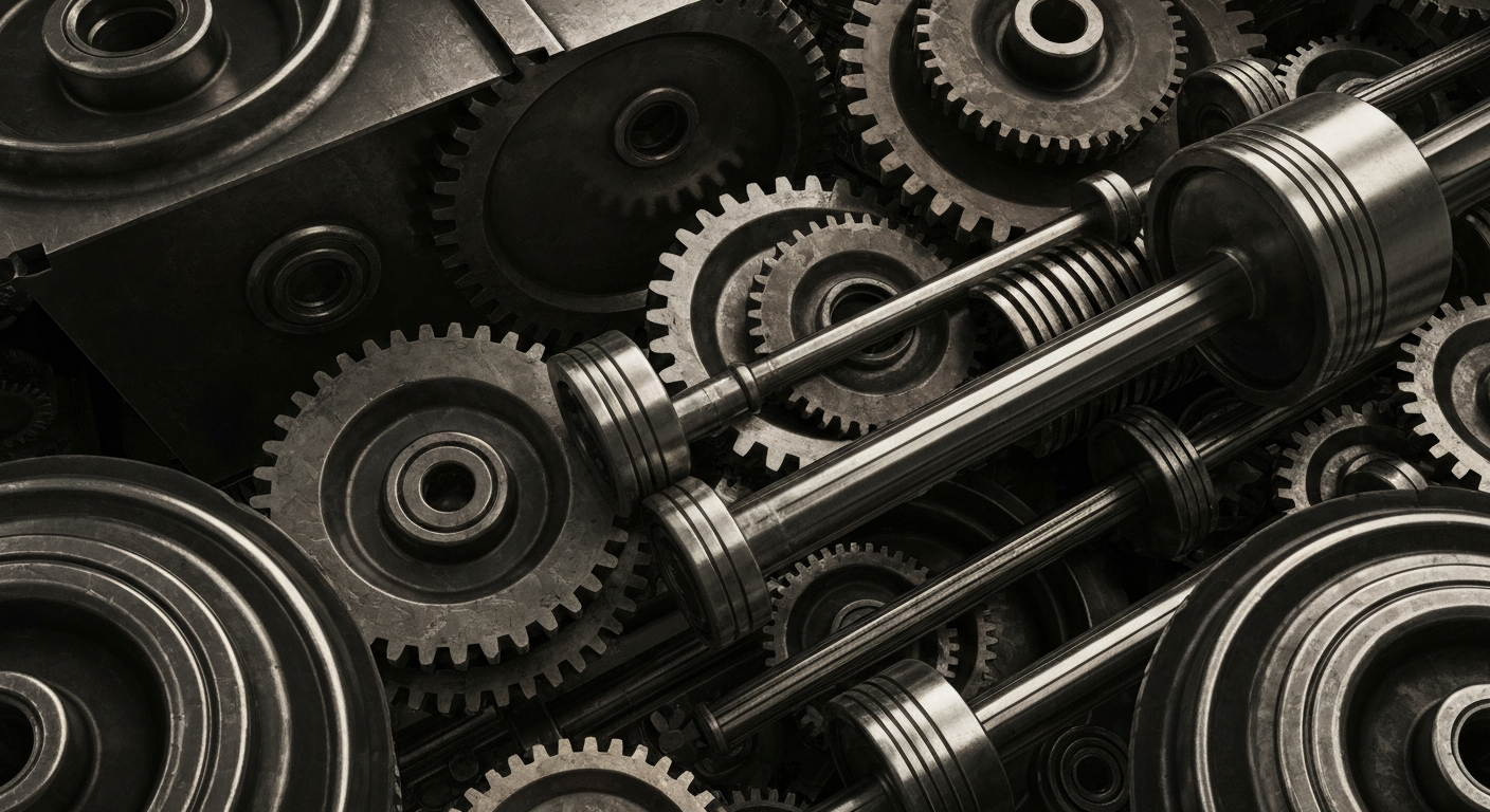 An extreme close-up of a complex arrangement of industrial gears, pistons, and other heavy machinery in muted tones of steel grey, bronze, and black, conceptually representing the complex financial infrastructure and institutional power of the pharmaceutical industry.