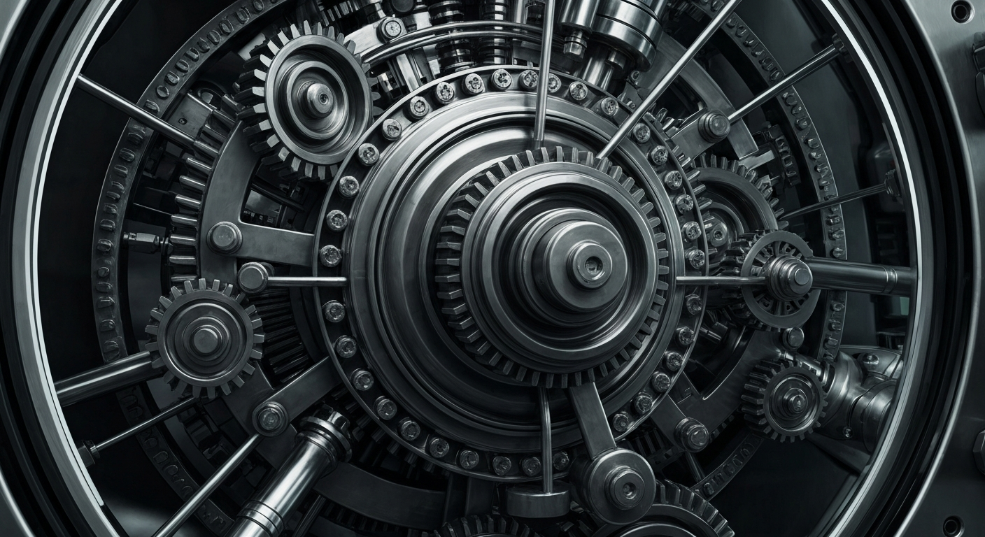 An extreme close-up of the complex, interlocking machinery of a pharmaceutical production line, conveying the industrial scale and technical sophistication of the healthcare sector.