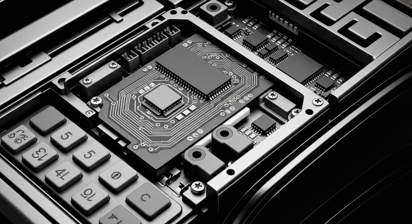 A high-contrast black and white close-up image of the internal components and circuitry of a Visa payment terminal, conveying the complex industrial design and infrastructure that powers digital transactions worldwide.