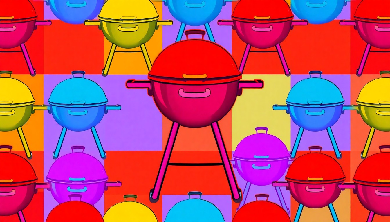 A brightly colored, high-contrast silkscreen print of a single, iconic barbecue grill repeated in a tight grid pattern, conceptually representing the energy and excitement of the World Championship Barbecue Cooking Contest in Memphis.