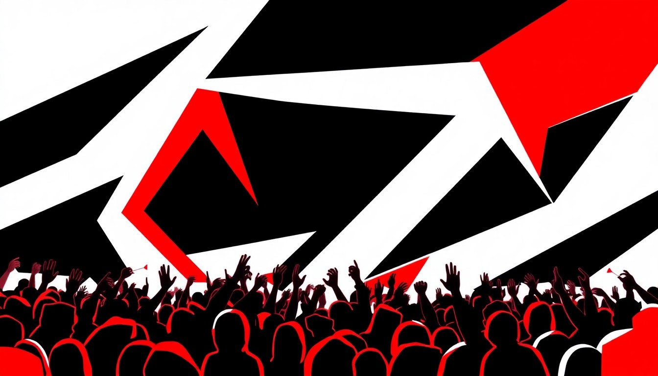 An abstract illustration featuring sharp, angular shapes in black, white, and red, conveying the energy and excitement of a major music event.