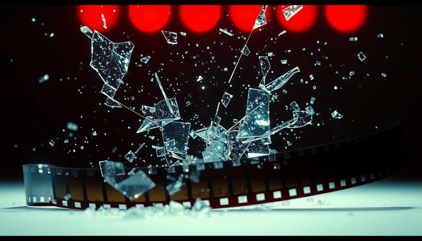 An extreme, abstract close-up photograph of shattered glass and glittering film strips in high-contrast studio lighting, conceptually representing the risks and creative energy behind the making of the independent film 'Gaijin'.