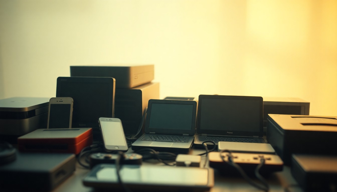 An abstract, out-of-focus photograph showing a collection of old electronic devices like phones, laptops, and gaming consoles in soft, warm pools of light, conveying a sense of nostalgia and the need for responsible recycling.