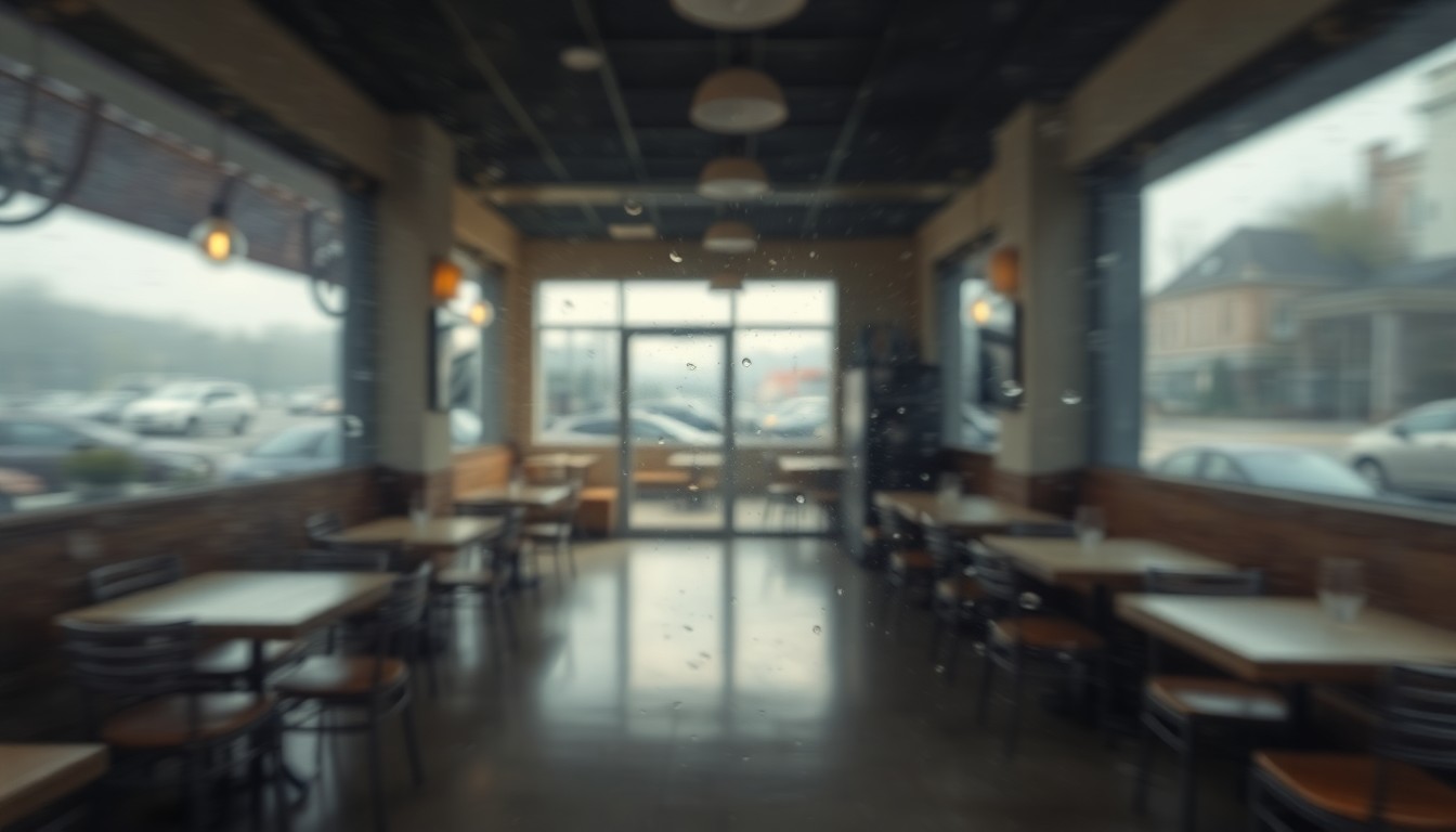 An abstract, out-of-focus photograph showing the blurred interior of an empty restaurant, with scattered chairs and tables, conveying a sense of melancholy and the aftermath of a business closure.