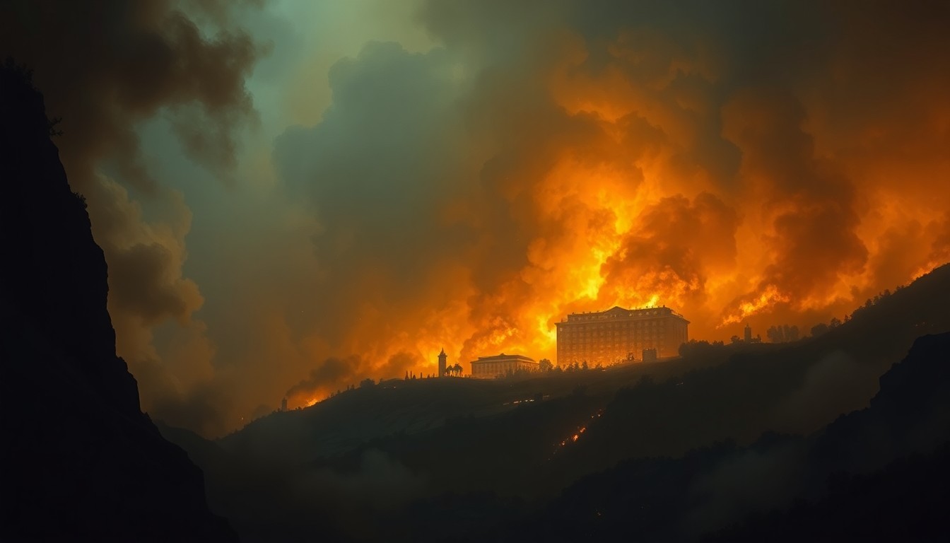 A sweeping, atmospheric landscape painting depicting a hotel structure consumed by a massive fire in the distance, with the overwhelming scale of the natural disaster dwarfing the physical building.