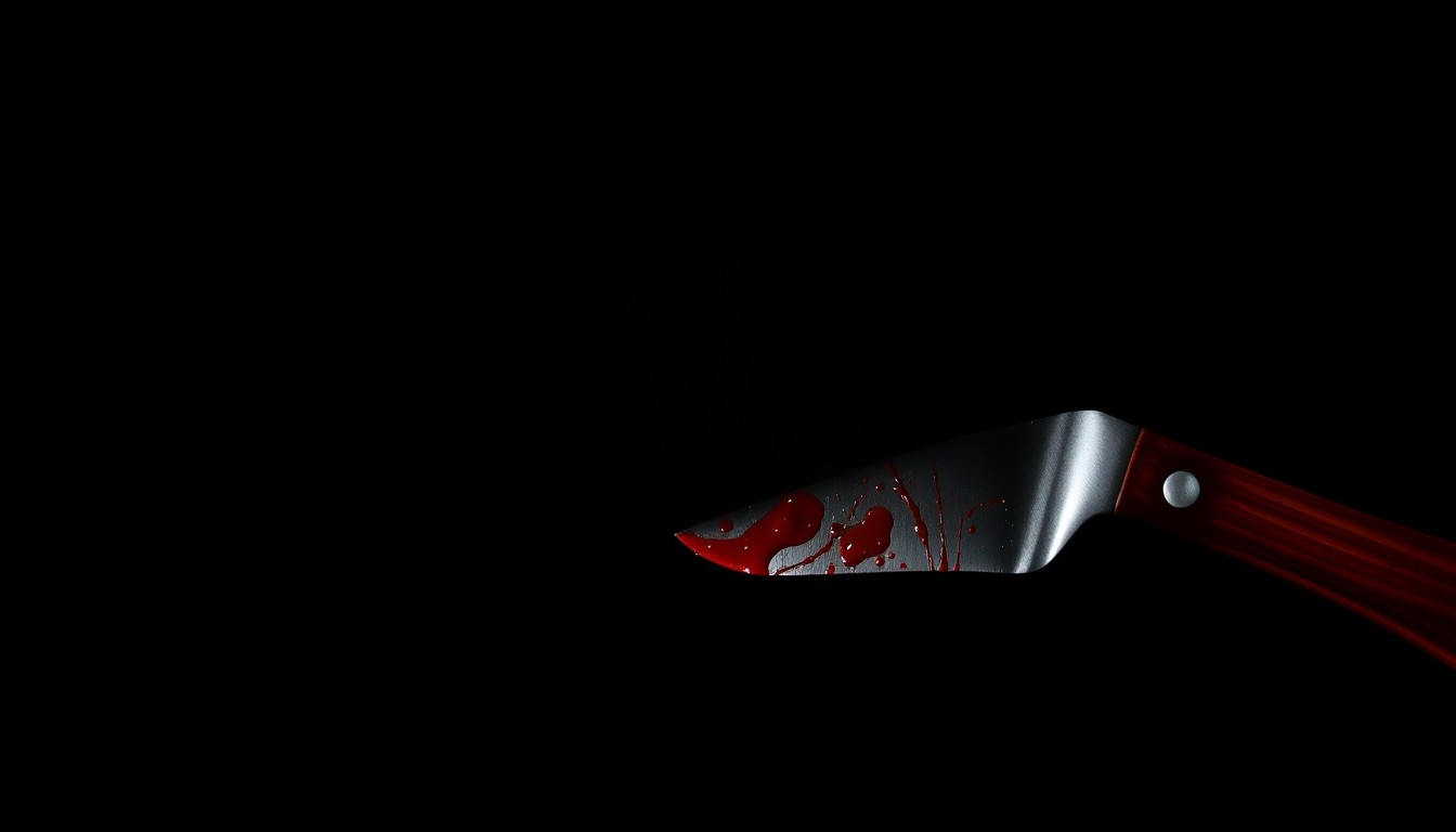 An extreme close-up of a single bloody knife blade, the harsh flash illuminating the sharp metal edge and dark, ominous shadows, conceptually illustrating the violence of the crime.