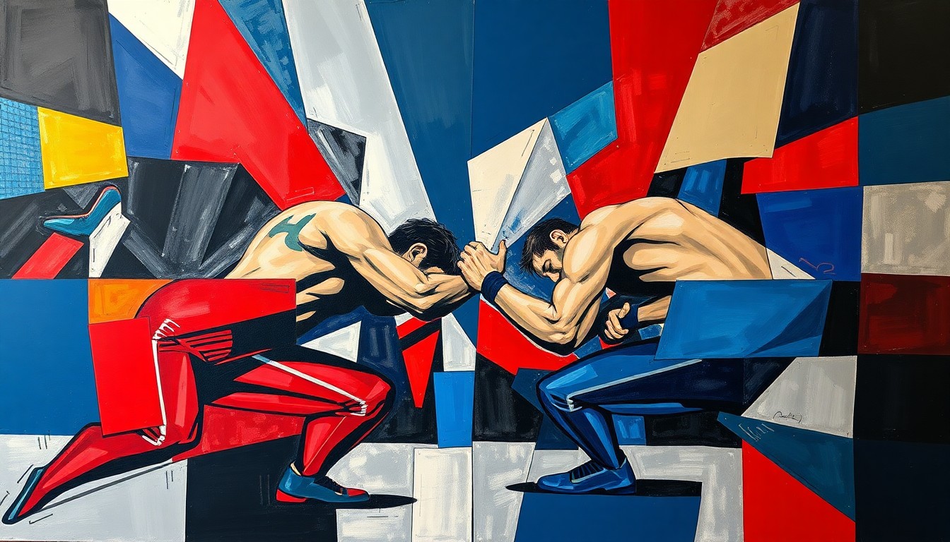 A cubist, geometric painting depicting a wrestling match, with the figures and action broken down into sharp, overlapping planes of navy blue, red, and silver, reflecting the colors of Detroit sports teams.