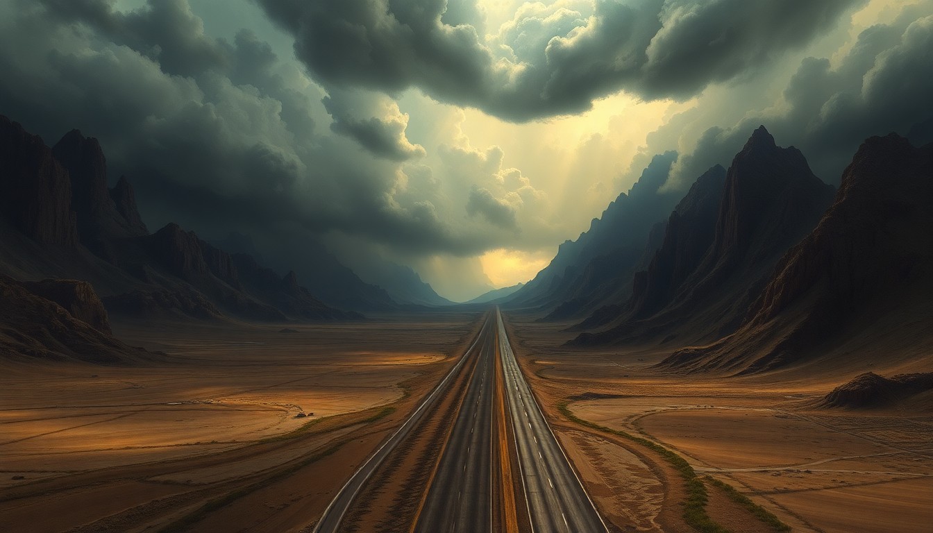 A vast, atmospheric landscape painting depicting a major highway cutting through a desolate, storm-swept environment, with the scale of the natural world dwarfing the man-made structures.