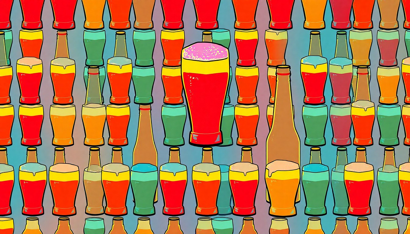 A highly stylized, pop art-inspired illustration featuring a repeated pattern of a single, iconic beer glass or bottle in a grid of bright, neon-like colors and heavy black outlines, conceptually representing the opening of a new neighborhood brewery.