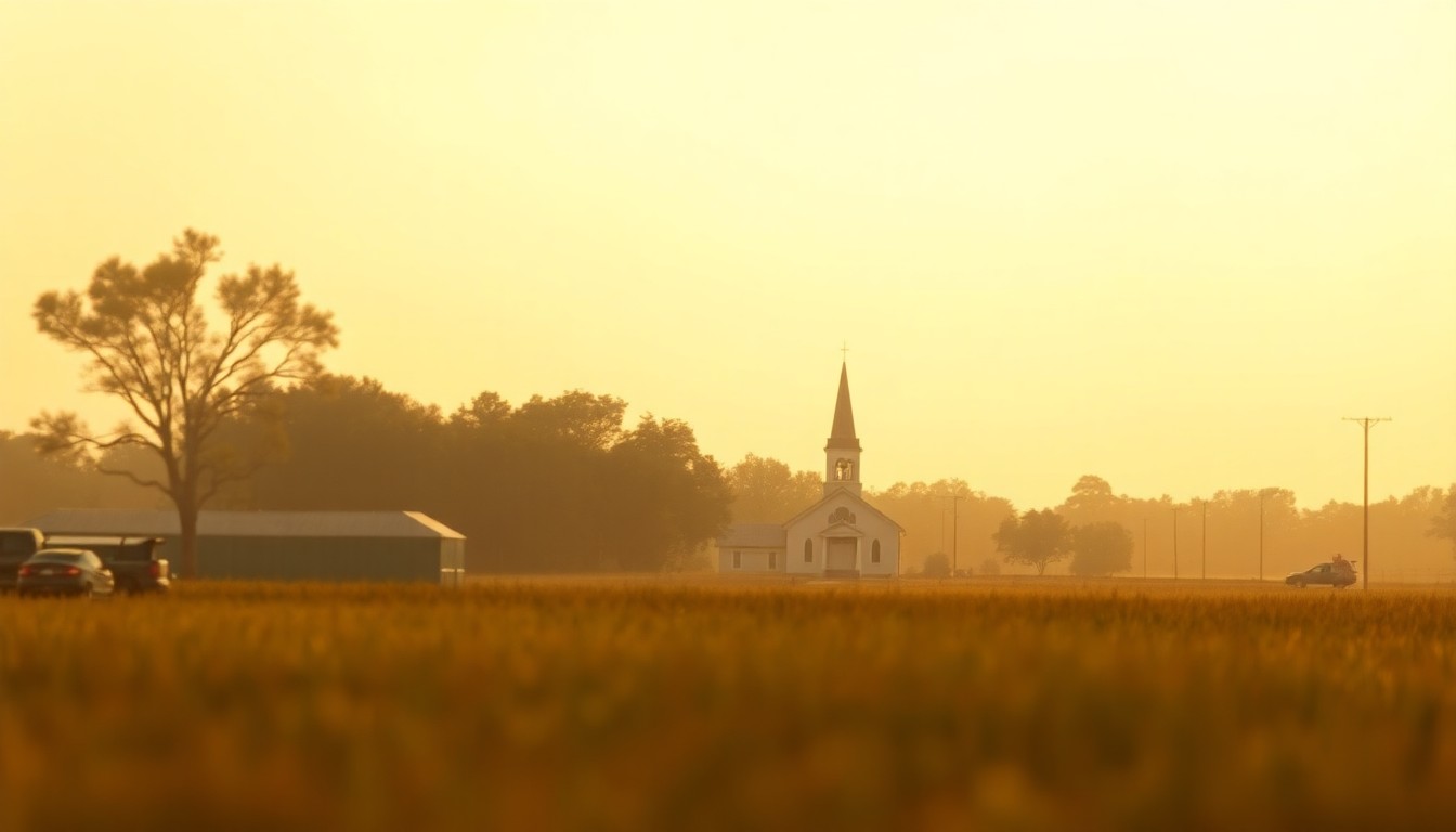 An extremely abstracted, out-of-focus photograph in soft, warm tones depicting a rural landscape with a church steeple in the distance, conveying a sense of nostalgia and community.