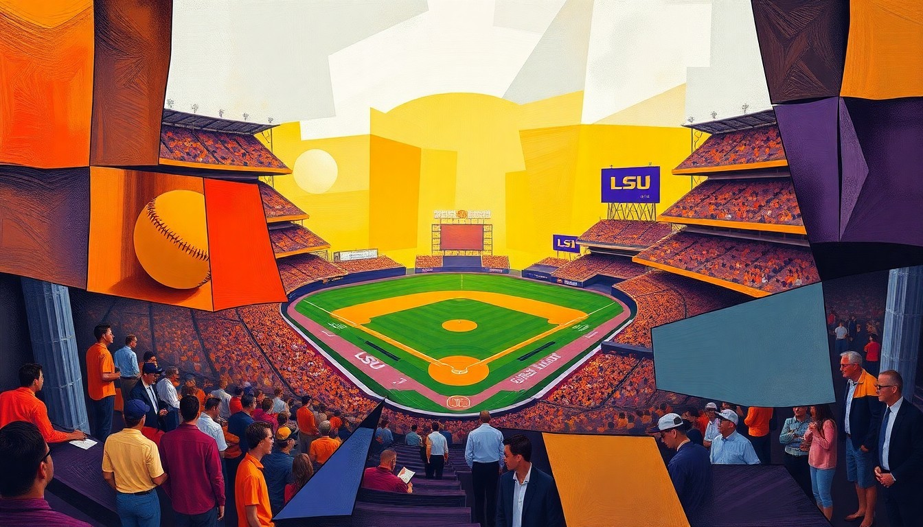 A fractured, geometric painting in vibrant colors depicting the dynamic action of a college baseball game between two elite programs.