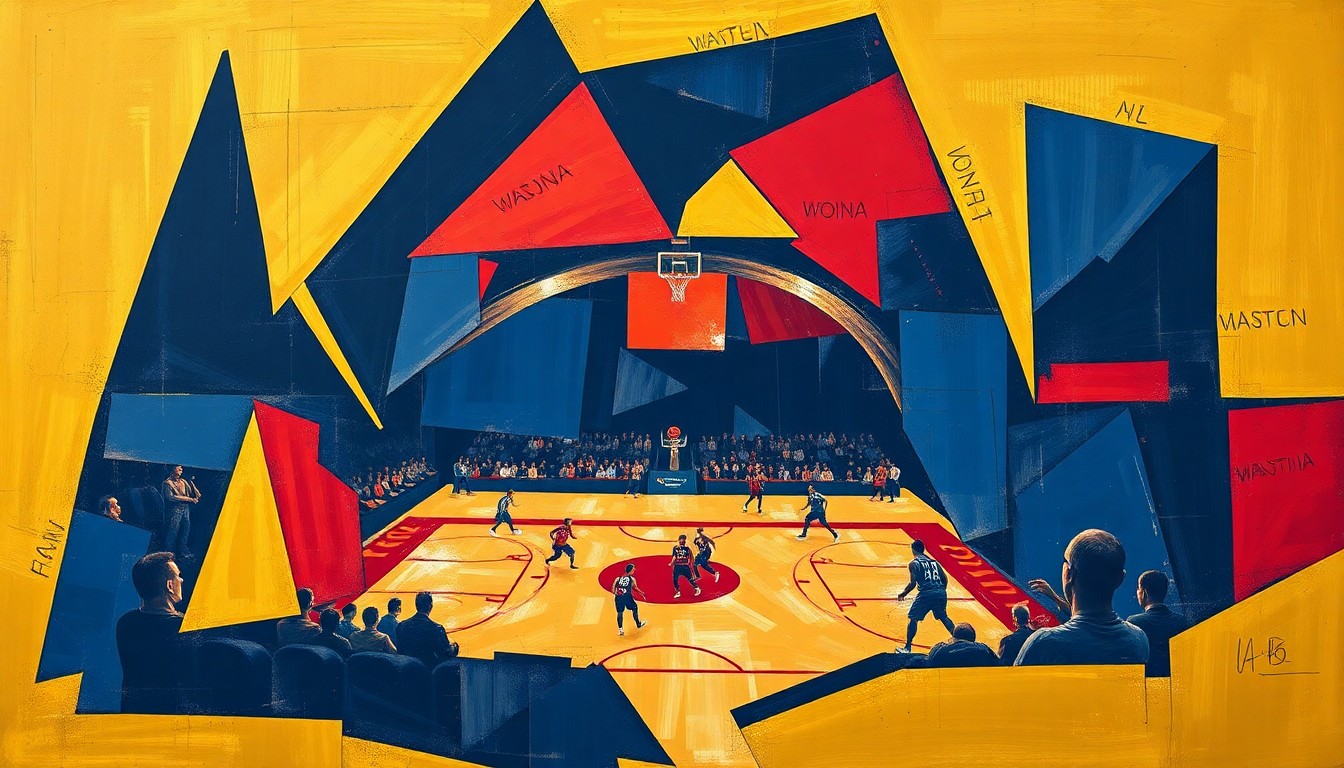 A fractured, cubist-style painting depicting a WNBA basketball game, with the players and court broken down into overlapping geometric shapes in navy, red, and gold, conveying the strategic maneuvering of the Chicago Sky to protect its roster from the expansion draft.