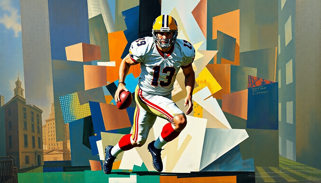 A fragmented, geometric painting depicting a football player in motion, with sharp, overlapping planes of color and form representing the complex decision-making process surrounding the player's potential trade.