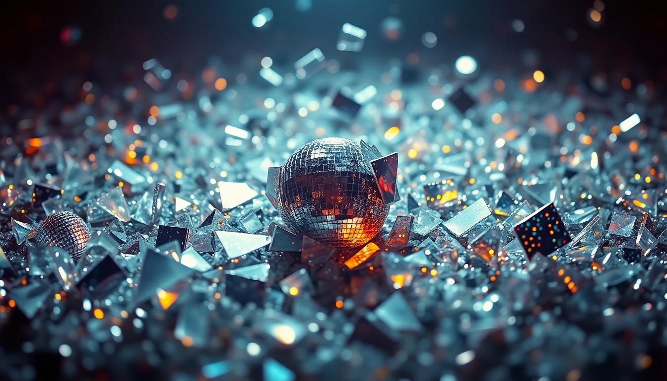 An extreme close-up of shattered, glittering glass fragments against a dark background, conveying the enduring energy and legacy of rock music through an abstract, high-contrast visual metaphor.