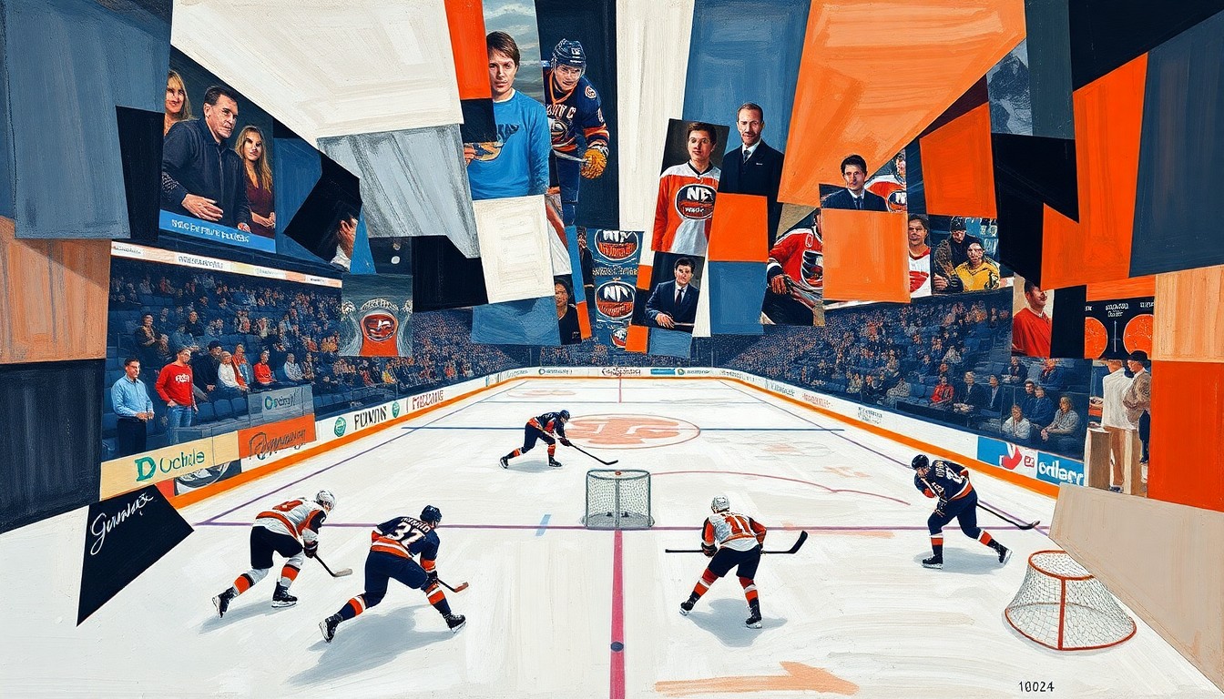 A fractured, multi-perspective painting depicting the intense action of a hockey game between two teams, with sharp, overlapping geometric shapes and planes representing the players, puck, and arena in an abstract, conceptual manner.