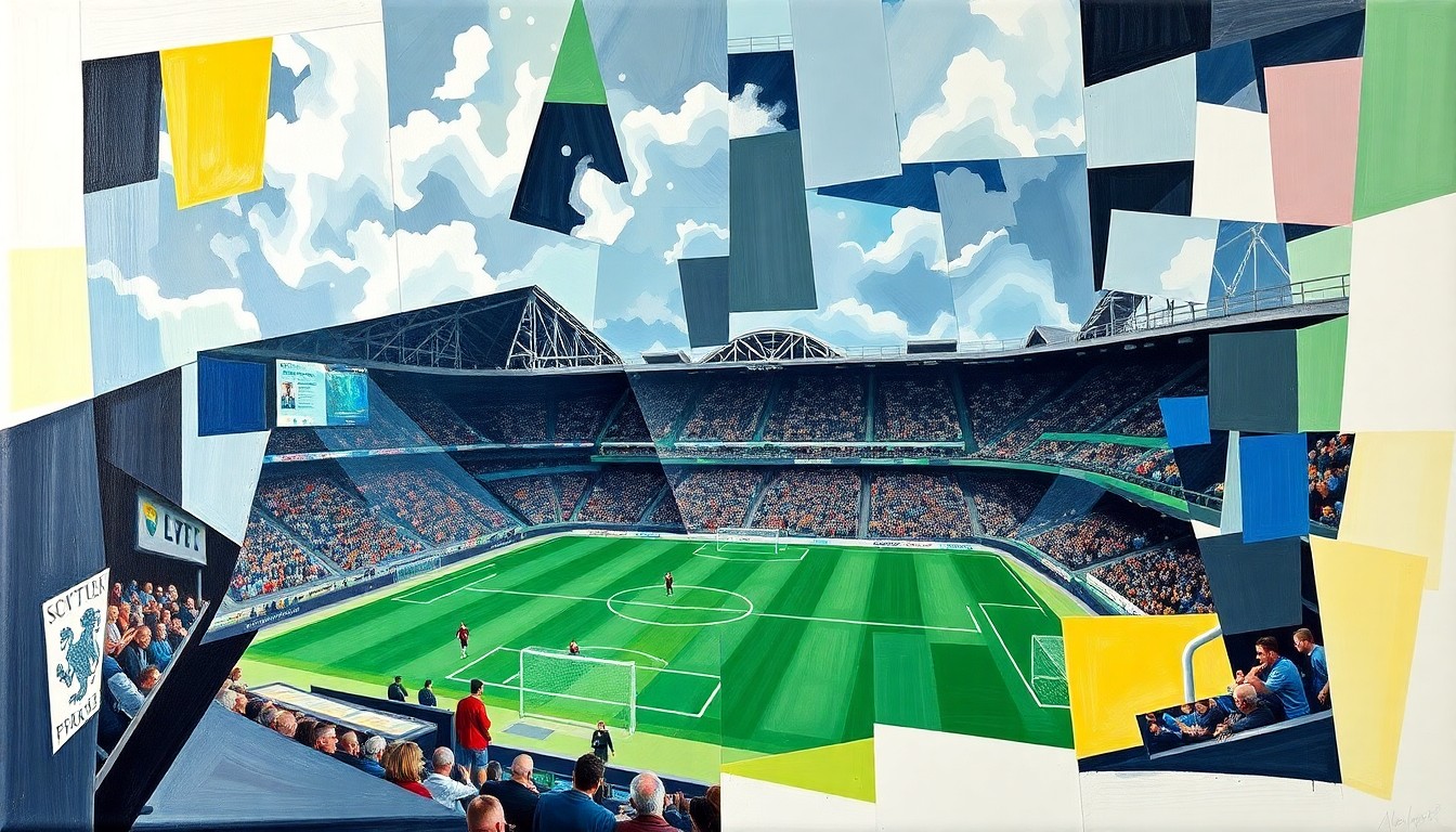 A vibrant, cubist-style painting depicting a Scottish Premier League soccer match between Dundee and Celtic, with the players and field broken down into sharp, overlapping geometric shapes and planes of color.