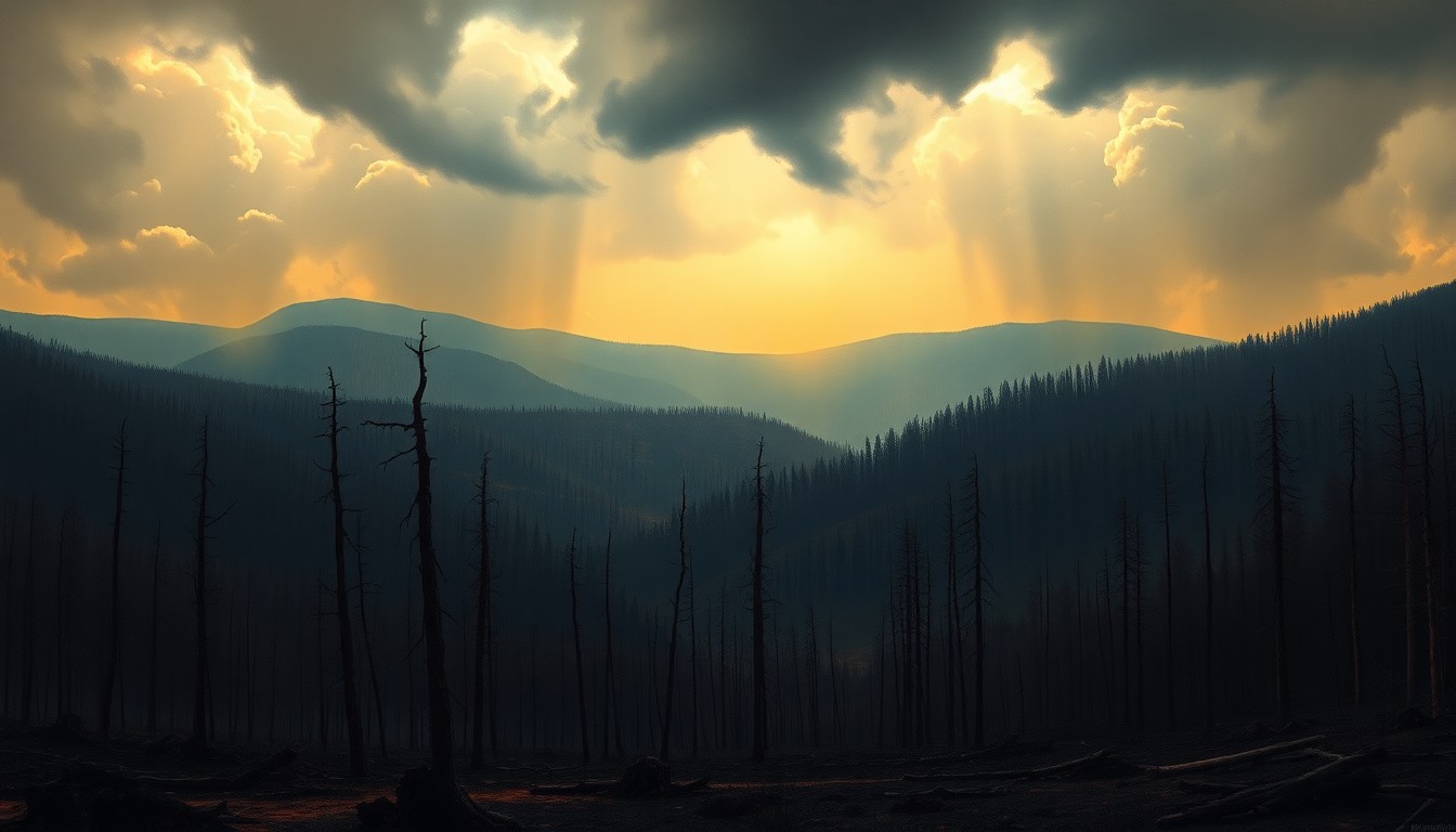 A sweeping, atmospheric landscape painting in muted earth tones, depicting a scorched, desolate forest under a heavy, ominous sky, conveying the overwhelming scale of wildfire destruction.