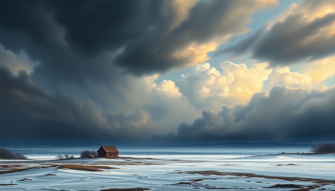 A sweeping, atmospheric landscape painting in muted tones of gray, blue, and white, depicting a vast, frozen expanse under a turbulent, stormy sky. The scene conveys a sense of the overwhelming power and sublime beauty of nature, with the weather conditions dwarfing any small, insignificant human structures or objects.