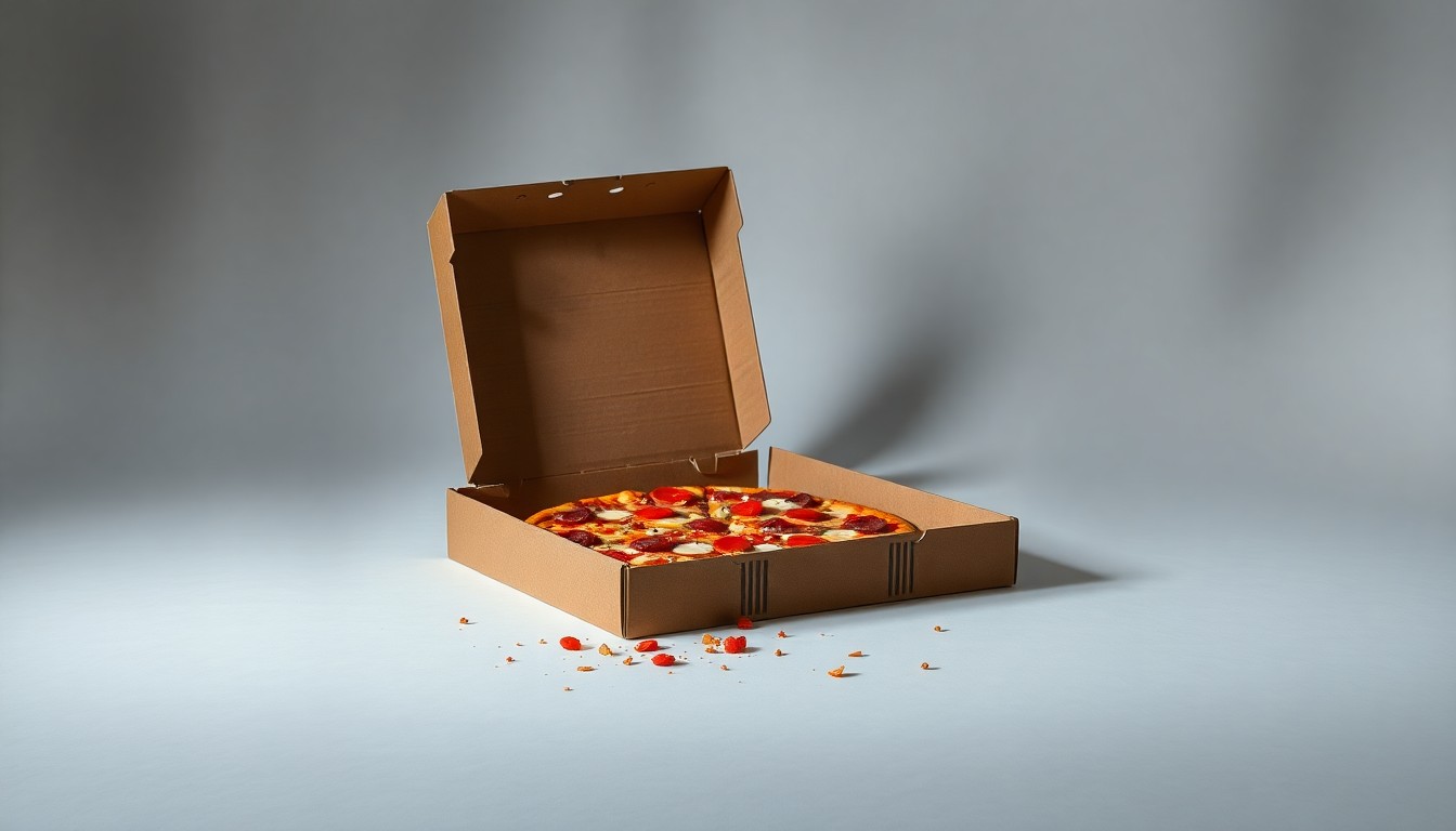 A high-end, photorealistic studio still-life photograph featuring a partially-opened pizza box with scattered toppings on a clean, monochromatic background, conceptually representing the uncertain future of the Papa Murphy's brand in Springfield due to quality control and food safety issues.