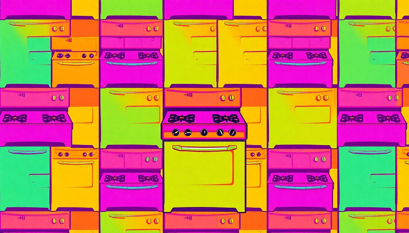 A brightly colored, high-contrast silkscreen print of a vintage cast-iron stove repeated in a tight grid pattern, conceptually representing the unique features of a historic Rockford home.
