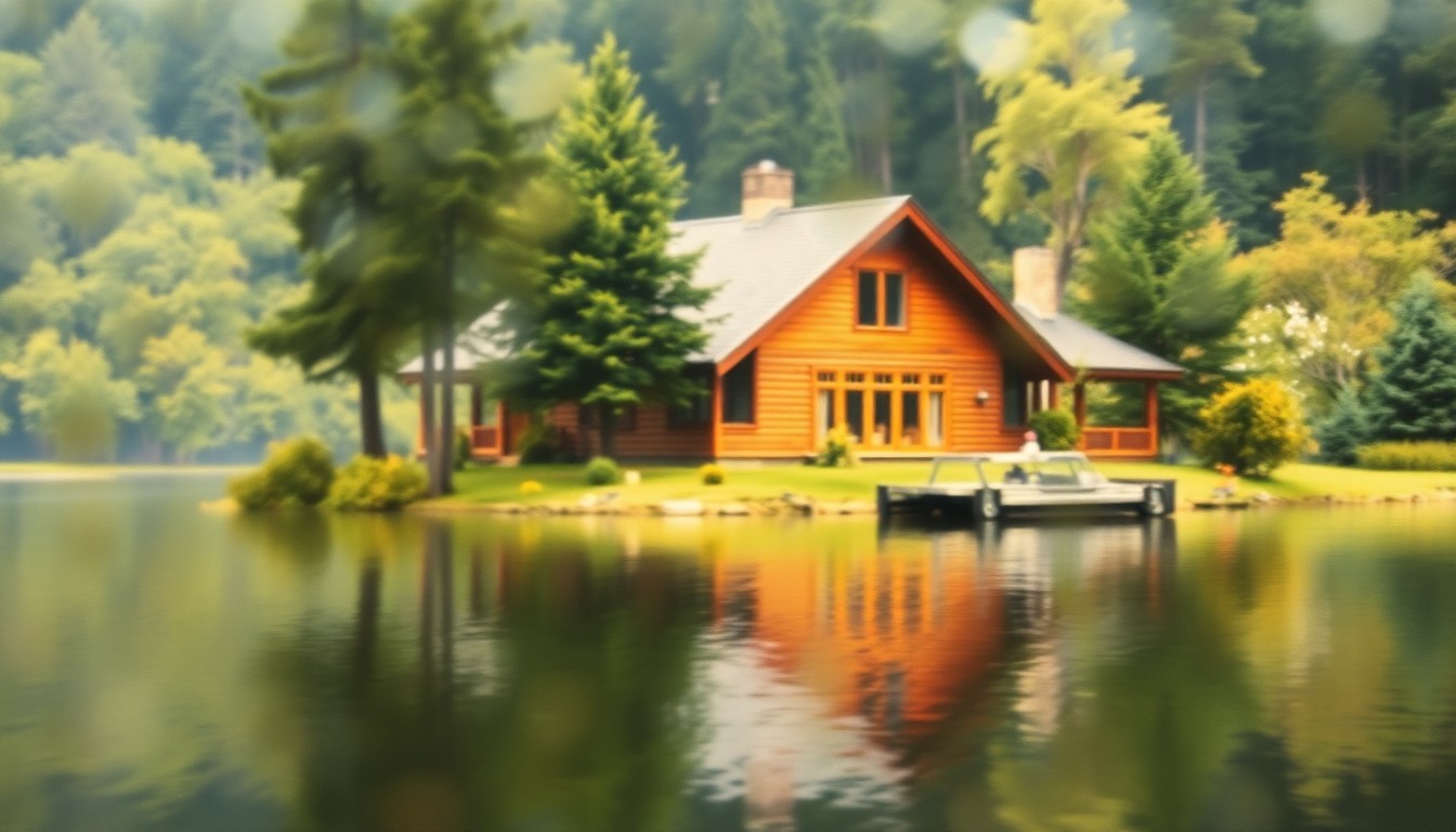 An impressionistic, out-of-focus photograph of a log cabin home reflected in a still lake, surrounded by lush greenery, conveying a sense of tranquility and natural beauty.