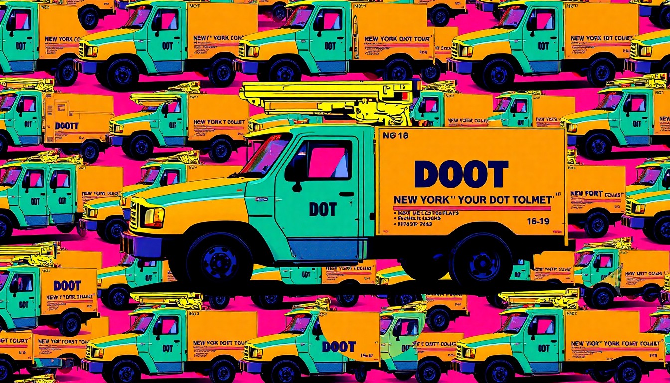 A vibrant, abstract silkscreen-style illustration featuring a grid of neon pink New York DOT work trucks, conceptually representing the public's positive response to the agency's lighthearted April Fools' prank.