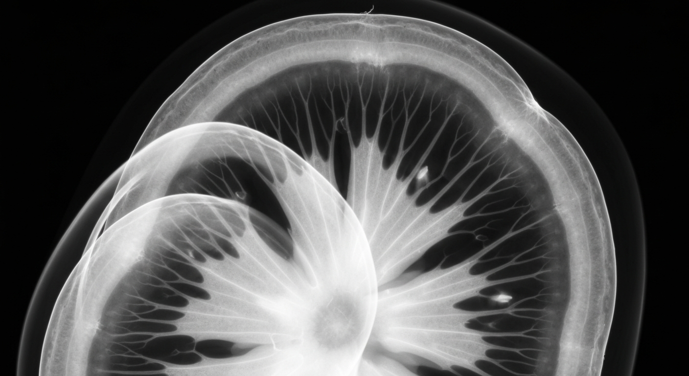 An extreme close-up X-ray photograph revealing the intricate internal structure of fresh produce, conceptually illustrating the nourishing power of fruits and vegetables.