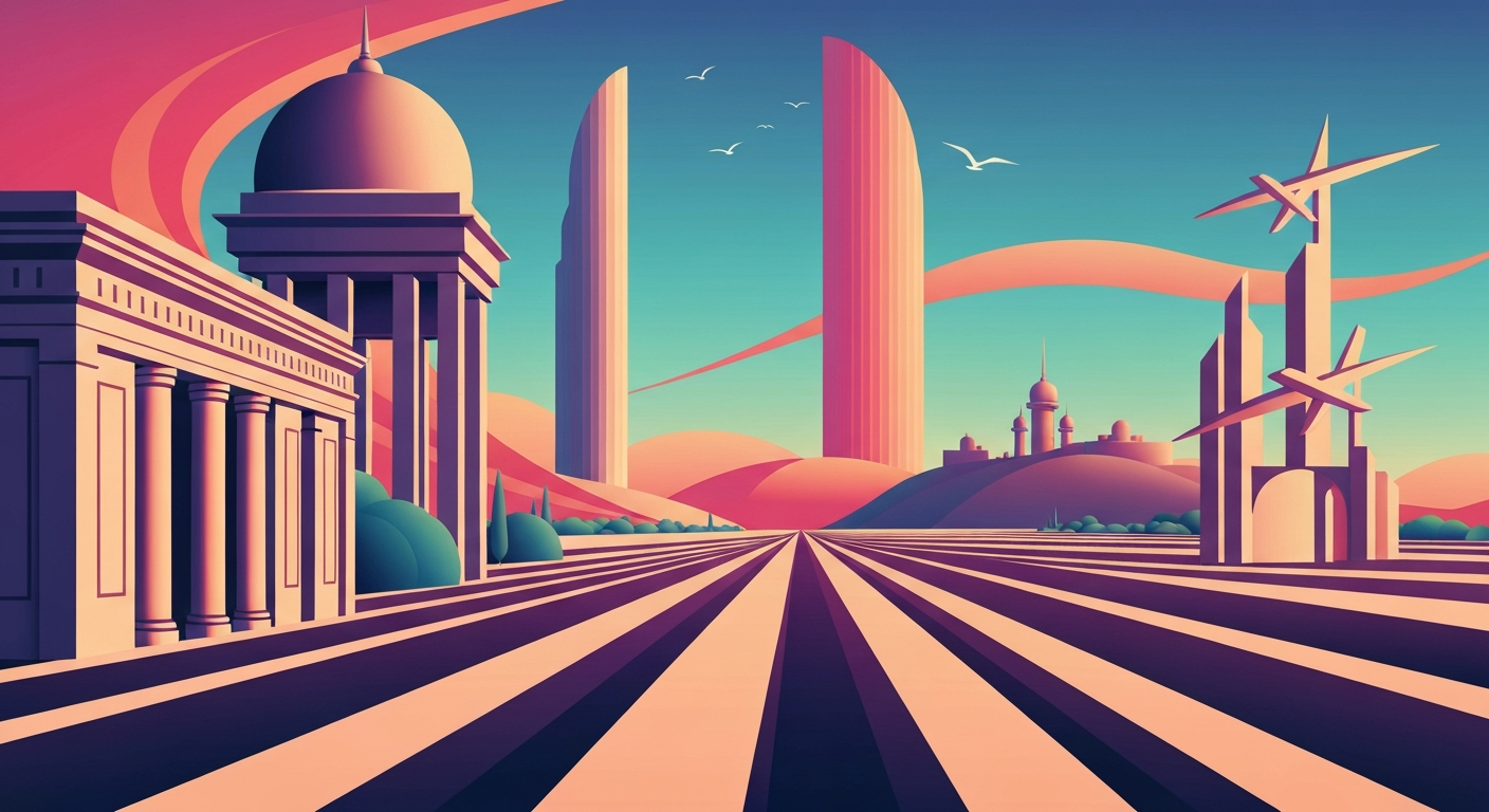 A conceptual illustration in the Art Deco Monumentalist style, featuring sweeping geometric forms and gradients that evoke the grand scale and romance of travel, without any literal depictions of people, places, or text.