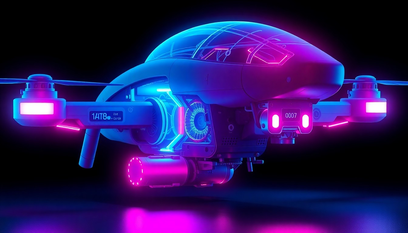 A highly detailed, glowing 3D illustration of an advanced military drone or robotic system, its internal components and circuitry illuminated by vibrant neon cyan and magenta lights, representing the integration of artificial intelligence and autonomous capabilities with human operators.