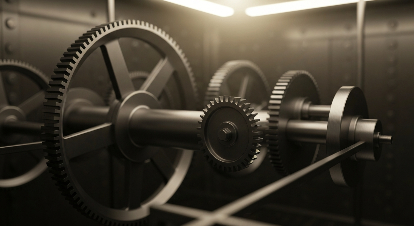 A highly detailed, black-and-white close-up image of complex, industrial-looking banking machinery and gears, conceptually representing the complex financial infrastructure behind biotech investments.