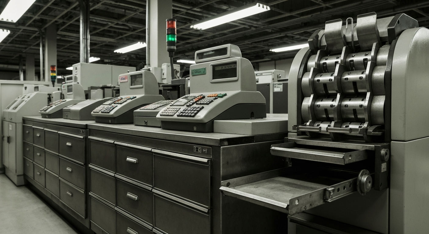 An extreme close-up of gears, levers, and other heavy industrial banking equipment, conveying the tangible, mechanical nature of financial institutions and transactions.