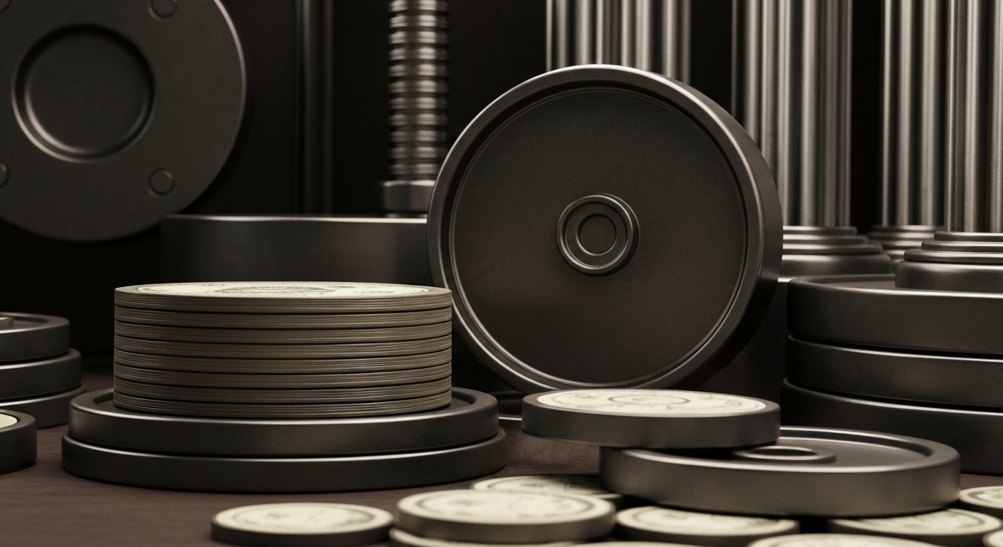 An extreme close-up of intricate gears, levers, and other heavy industrial banking machinery, conveying a sense of financial security and institutional power without depicting any literal currency or financial symbols.
