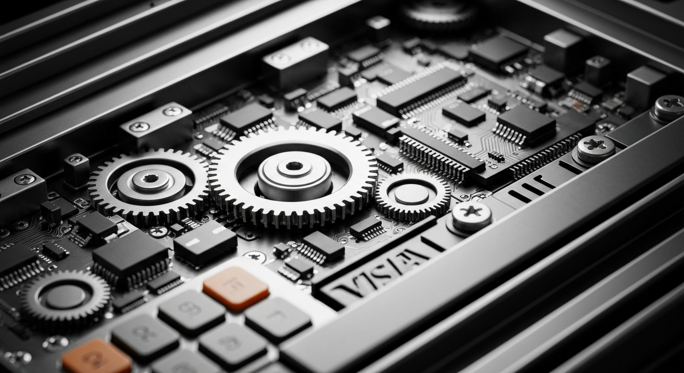 A highly detailed, cinematic close-up of the inner workings of a Visa credit card payment terminal, with gears, circuits, and metallic components filling the frame in a visually striking and conceptual representation of the financial infrastructure that powers global transactions.