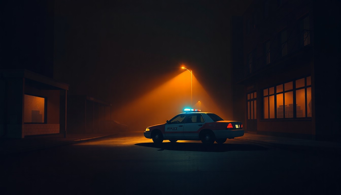 A realistic painting of a lone police car parked on a shadowy urban street, the warm light casting dramatic shadows and creating a pensive, contemplative mood.