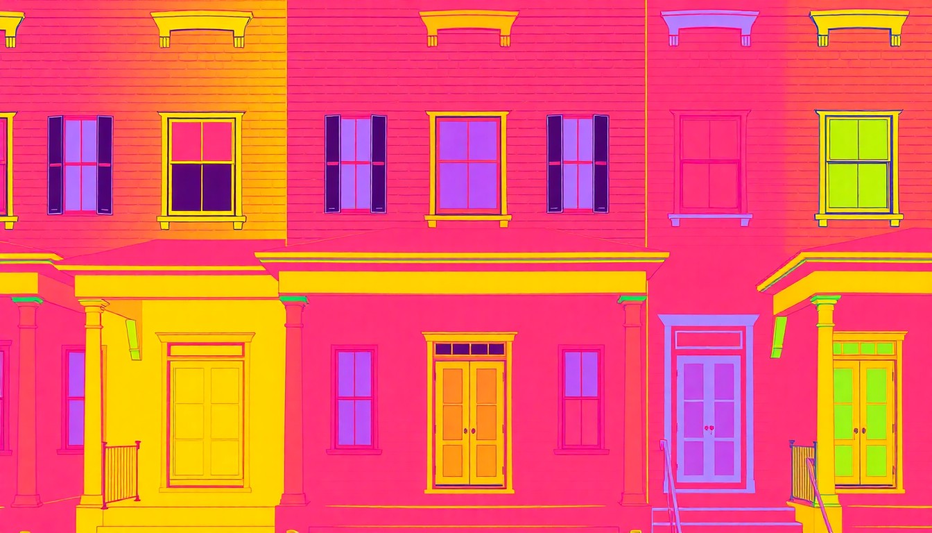 A highly stylized, abstract grid of brightly colored, silkscreen-like images depicting various architectural elements of a historic home, such as a porch, window, or roofline, rendered in a bold, neon color palette with heavy black outlines, conceptually representing the preservation of Macomb's historic homes.