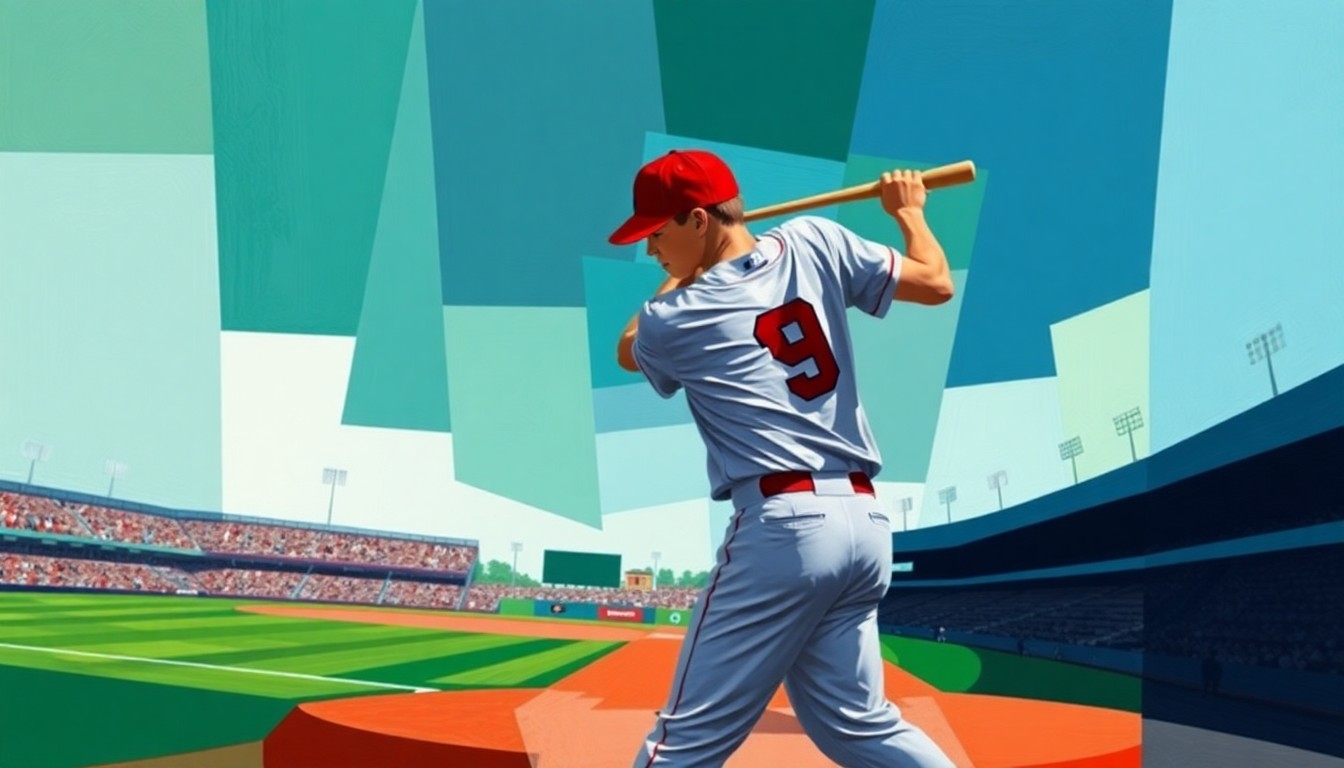 A cubist-style painting depicting a young baseball player in mid-swing, the field and stadium breaking down into sharp, overlapping geometric planes in shades of green, blue, and red, capturing the energy and anticipation surrounding the player's debut.